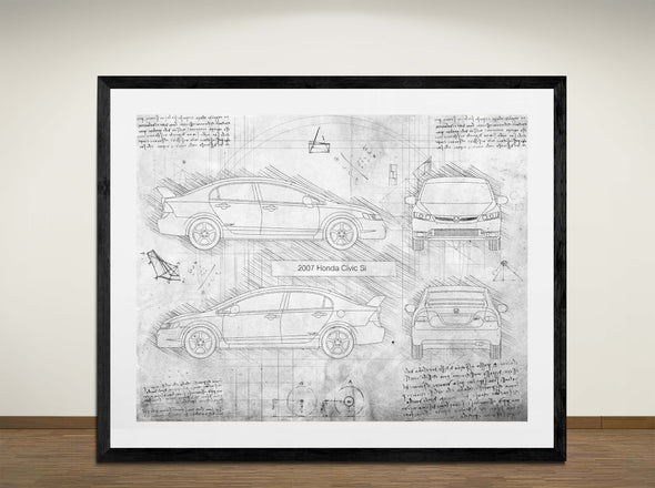 2007 Honda Civic Si  - Art Print - Sketch Style, Car Patent, Blueprint Poster, Blue Print, (#3107)
