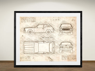AMC Gremlin (1973) - Art Print - Sketch Style, Car Patent, Blueprint Poster, Blue Print, (#3092)