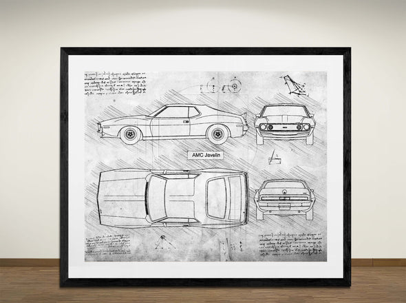 AMC Javelin - Art Print - Sketch Style, Car Patent, Blueprint Poster, Blue Print, (#3093)