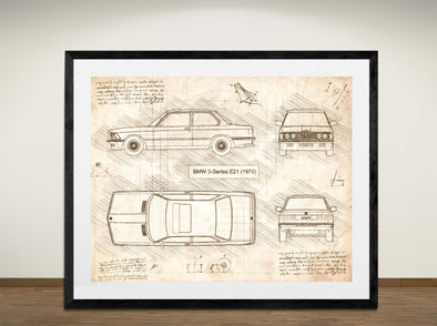 BMW 3-Series E21 (1975) - Art Print - Sketch Style, Car Patent, Blueprint Poster, Blue Print, (#3096)