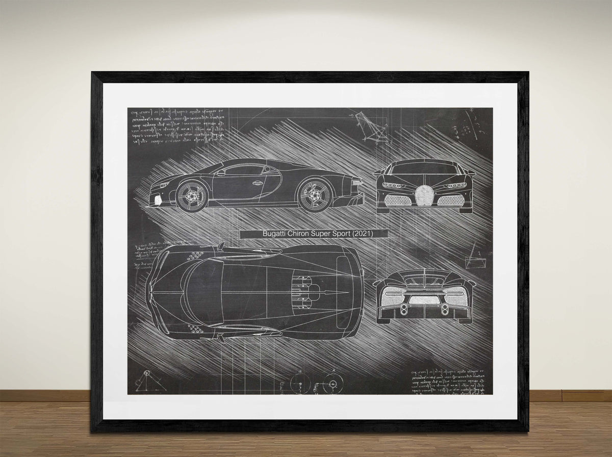 Bugatti Chiron Patent, Art Style, - (2021) Sketch - Poster, Sport Car Blueprint (#3003) Super Print, Print Blue