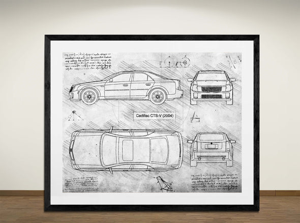 Cadillac CTS-V (2004) - Art Print - Sketch Style, Car Patent, Blueprint Poster, Blue Print, (#3103)