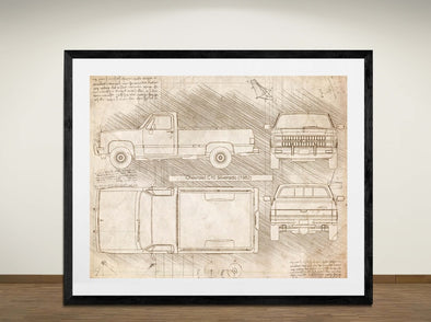 Chevrolet C10 Silverado (1982) - Art Print - Sketch Style, Car Patent, Blueprint Poster, Blue Print, (#3046)
