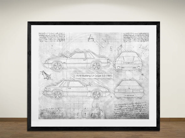 Ford Mustang LX Coupe 5.0 (1991) - Art Print - Sketch Style, Car Patent, Blueprint Poster, Blue Print, (#3108)