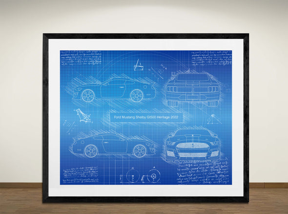 Ford Mustang Shelby Gt500 Heritage 2022 - Art Print - Sketch Style, Car Patent, Blueprint Poster, Blue Print, (#3133)