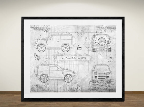 Land Rover Defender 90 V8 - Art Print - Sketch Style, Car Patent, Blueprint Poster, Blue Print, (#3118)