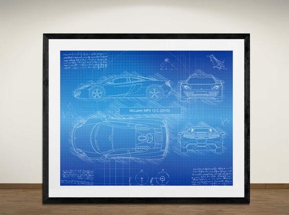 McLaren MP4 12 C (2010) - Art Print - Sketch Style, Car Patent, Blueprint Poster, Blue Print, (#3015)