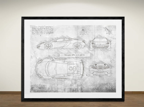 McLaren MP4 12 C (2010) - Art Print - Sketch Style, Car Patent, Blueprint Poster, Blue Print, (#3015)