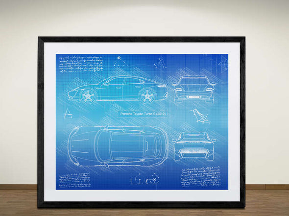 Porsche Taycan Turbo S (2021) - Sketch Art Print - Sketch Style, Car Patent, Blueprint Poster, Blue Print,  (#2004)