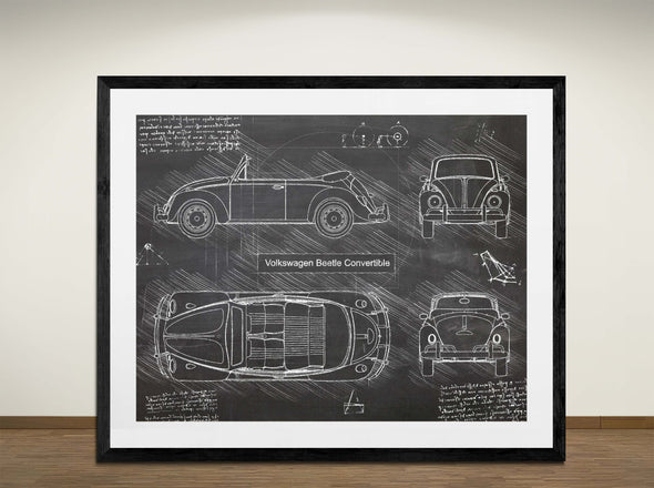 Volkswagen Beetle Convertible - Art Print - Sketch Style, Car Patent, Blueprint Poster, Blue Print, (#3090)