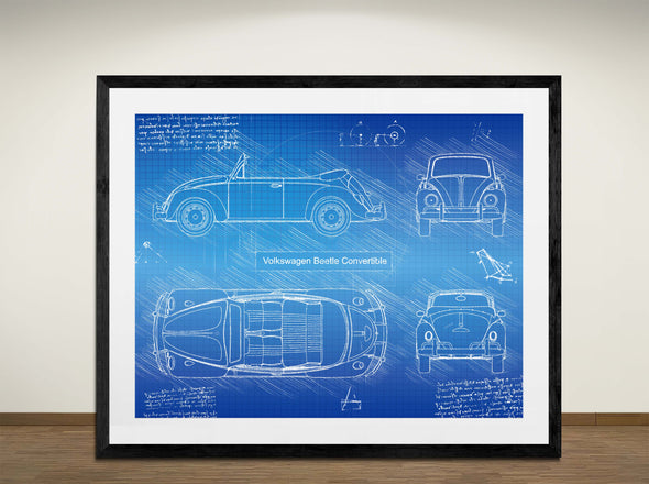 Volkswagen Beetle Convertible - Art Print - Sketch Style, Car Patent, Blueprint Poster, Blue Print, (#3090)