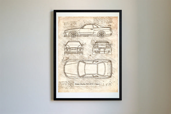 Nissan Skyline R34 GT-R V-Spec (1999) da Vinci Sketch Art Print (#583)