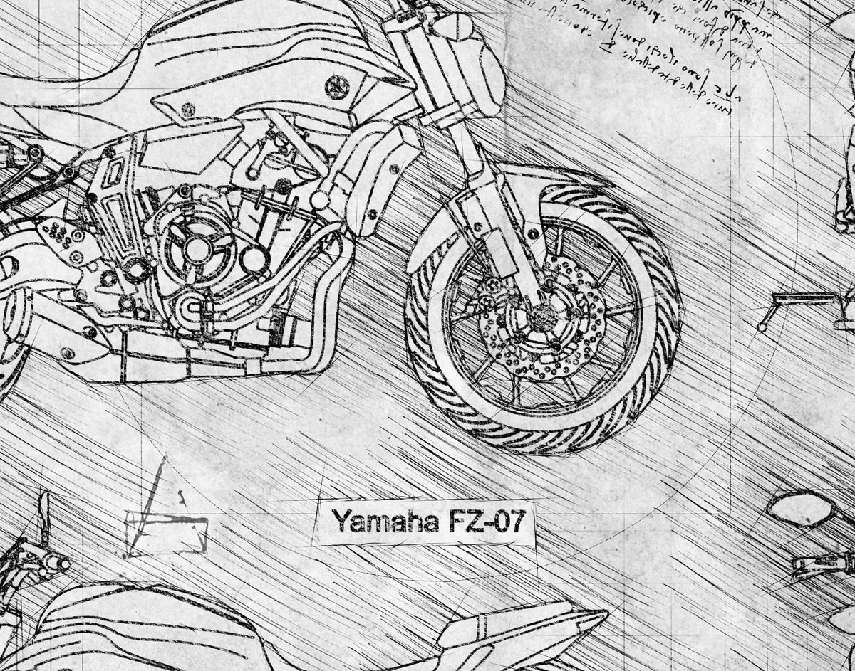 Yamaha FZ-07 (2016) da Vinci Sketch Art Print | DolanPaperCo