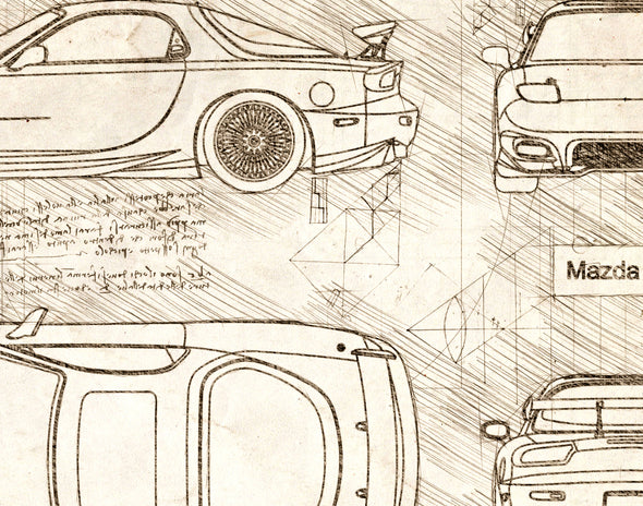 Mazda RX7 (1993) da Vinci Sketch Art Print (#626)