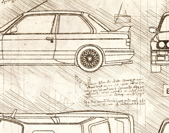 BMW M3 E30 (1986-92) da Vinci Sketch Art Print (#380)