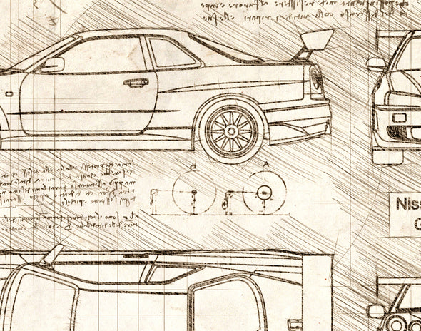 Nissan Skyline R34 GT-R C-West (1999) da Vinci Sketch Art Print (#456)