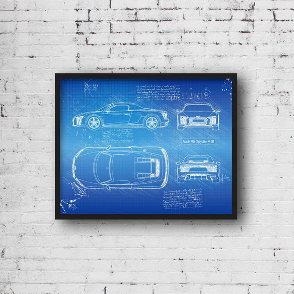 Audi R8 V10 Spyder (2015) Sketch Art Print - Sketch Style, Blue Print Poster, Spyder Car, Audi Art, Audi R8 Poster (P553)