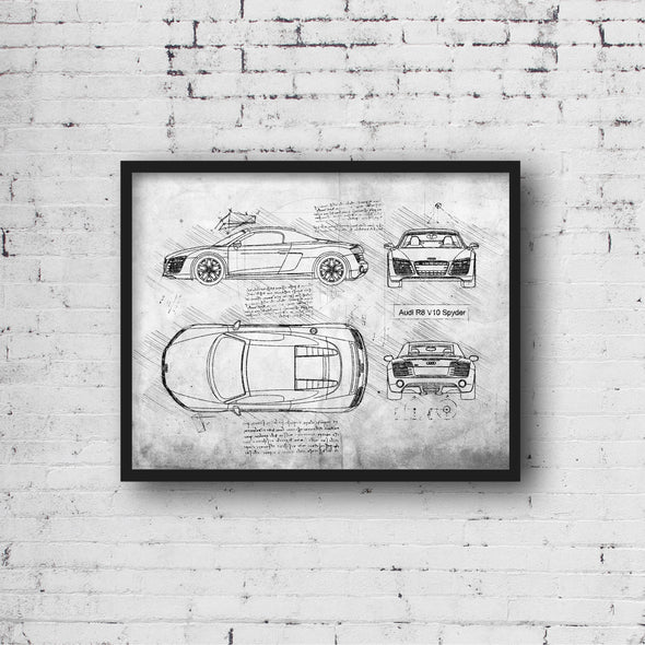 Audi R8 V10 Spyder (2015) Sketch Art Print - Sketch Style, Car Patent, Blue Print Poster, Spyder Car, Audi R8 Poster (P111)
