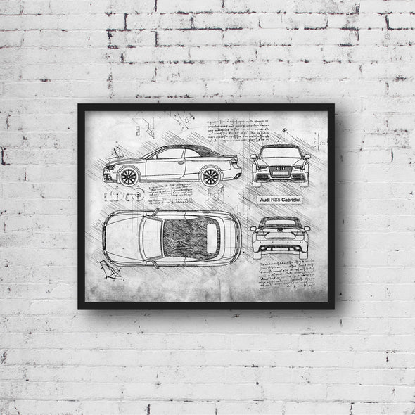 Audi RS5 Cabriolet (2012 - 16) Sketch Art Print - Sketch Style, Blue Print Poster, Audi Art, Audi RS 5 Poster, Convertible (P635)