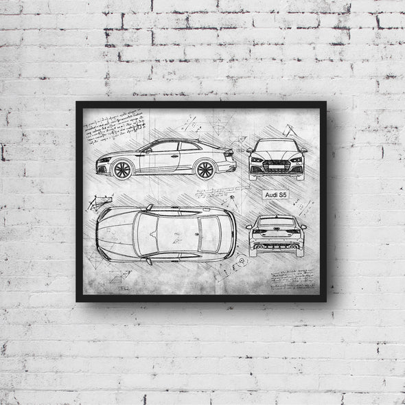 Audi S5 Coupe (2017 - present) Sketch Art Print - Sketch Style, Car Patent, Blue Print Poster, Spyder Car, Audi S5 Poster (P307)