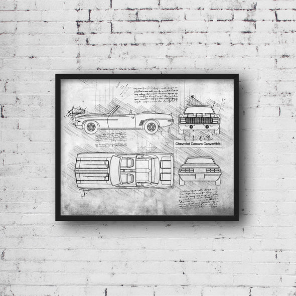 Chevrolet Camaro Convertible (1967 - 1969) Sketch Art Print - Sketch Style, Car Patent, Blue Print Poster, Camaro Decor (P653)
