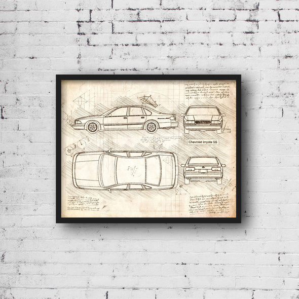 Chevrolet Impala SS (1994 - 96) Sketch Art Print - Sketch Style, Car Patent, Blueprint Poster, Blue Print, Impala Car Decor (P743)