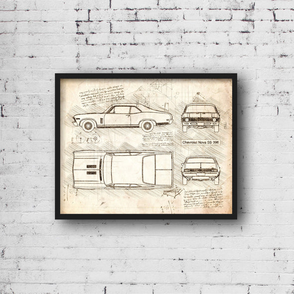 Chevrolet Nova SS 396 (1968 - 72) Sketch Art Print - Sketch Style, Car Patent, Blueprint Poster, Blue Print, Nova SS Art (P528)