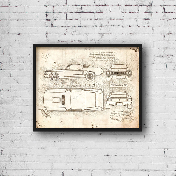 Ford Mustang GT (1968) Sketch Art Print - Sketch Style, Car Patent, Patent, Blueprint Poster, BluePrint, GT Art Prints (P622)