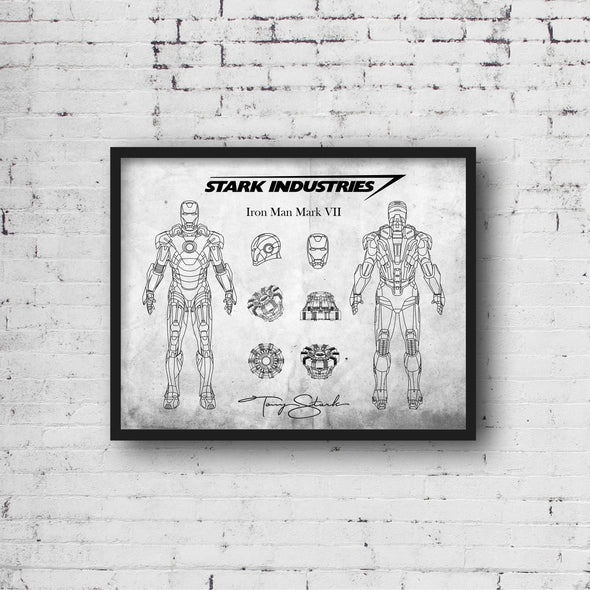 Iron Man Mark VII Art Print - daVinci Style, Wall Art, Iron Man Poster, Arc Reactor Print, War Machine Decor, Blueprint, Mark 7 (#P494)