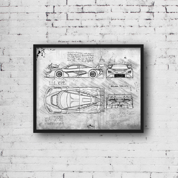 McLaren 720S GT3 (2019) Sketch Art Print - Sketch Style, Car Patent, Patent, Blueprint Poster, Blue Print, McLaren Cars (P718)