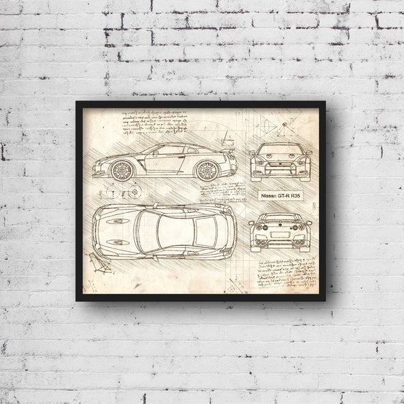 Nissan GT-R R35 (2007) Sketch Art Print - Sketch Style, Car Patent, Blueprint Poster, Blue Print, GTR R35 Car Art (P328)