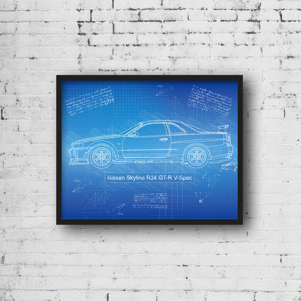 Nissan Skyline R34 GT-R V-Spec (1999) Sketch Art Print - Sketch Style, Car Patent, Blueprint Poster, Blue Print, Skyline Art (P513)