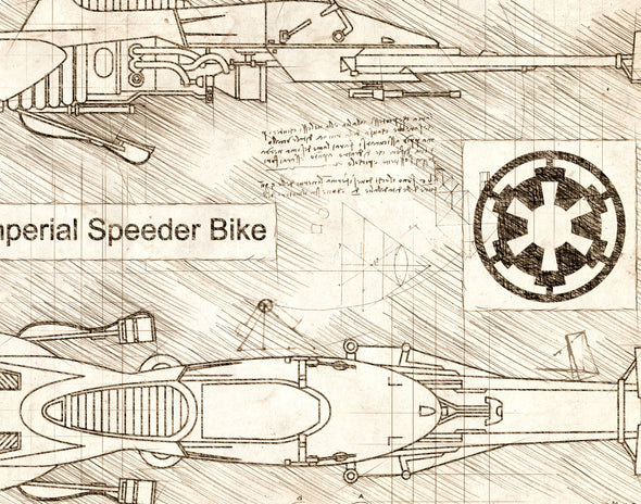 Star Wars Imperial Speeder Bike Art Print - daVinci Style, Wall Art, Star Wars Poster, Patent Print, Leonardo daVinci, Blue Print (#P311)