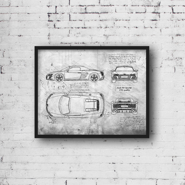 Audi R8 Spyder V10 Quattro (2019 - present) Sketch Art Print - Sketch Style, Blue Print Poster, Spyder Car, Audi R8 Poster (P810)