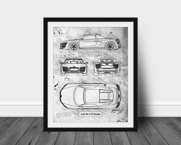 Audi R8 V10 Spyder (2015) Sketch Art Print - Sketch Style, Vertical Art, Blue Print Poster, Spyder Car, Audi R8 Poster (P608)