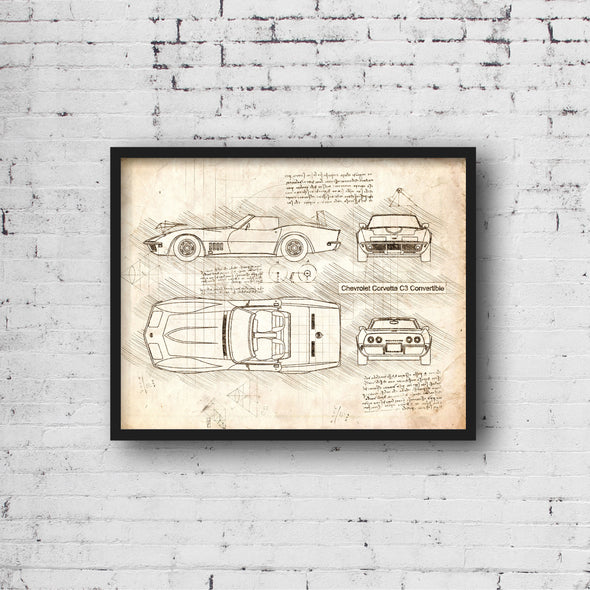 Chevrolet Corvette C3 Convertible (1969 - 78) Sketch Art Print - Sketch Style, Car Patent, Blue Print Poster, C3 Car Decor (P694)
