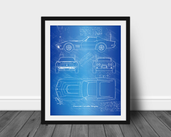Chevrolet Stingray (1969) Sketch Art Print - Sketch Style, Vertical Art, Blueprint Poster, Blue Print, Stingray Car Poster (P594)