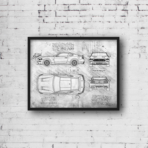 Ford Mustang GT (2018) Sketch Art Print - Sketch Style, Car Patent, Patent, Blueprint Poster, BluePrint, GT Art Prints (P267)