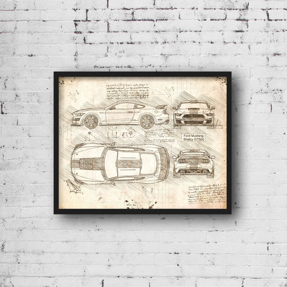 Ford Mustang Shelby GT500 (2019) Sketch Art Print - Sketch Style, Car Patent, Blueprint Poster, BluePrint, GT500 (P717)