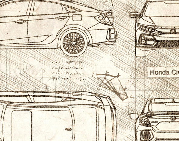 Honda Civic Si Sedan (2019 - present) Sketch Art Print - Sketch Style, Car Patent, Blueprint Poster, Civic Car, Civic Poster (P813)