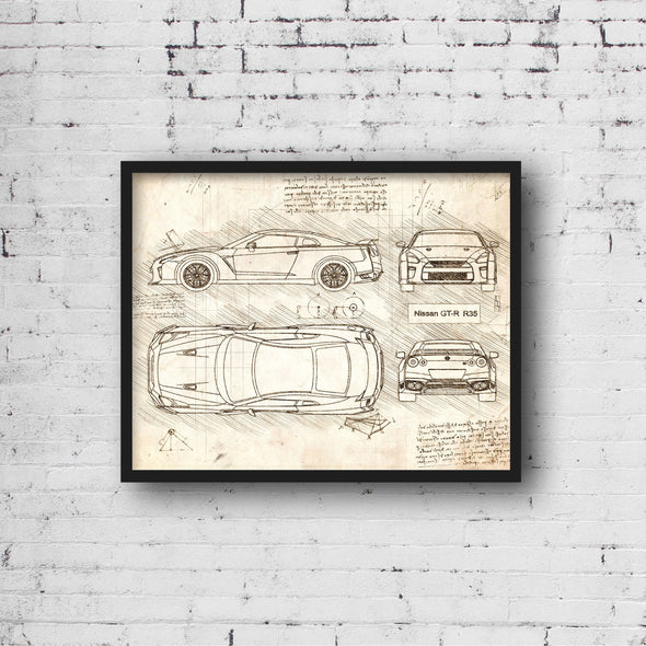 Nissan GT-R R35 (2017) Sketch Art Print - Sketch Style, Car Patent, Blueprint Poster, Blue Print, GTR R35 Car Art (P329)