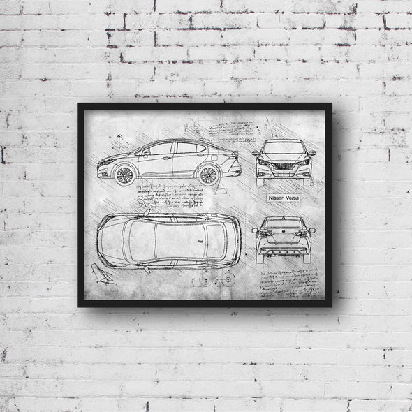 Nissan Versa (2019 - Present) Sketch Art Print - Sketch Style, Car Patent, Blueprint Poster, Blue Print, Versa Car Poster (P821)
