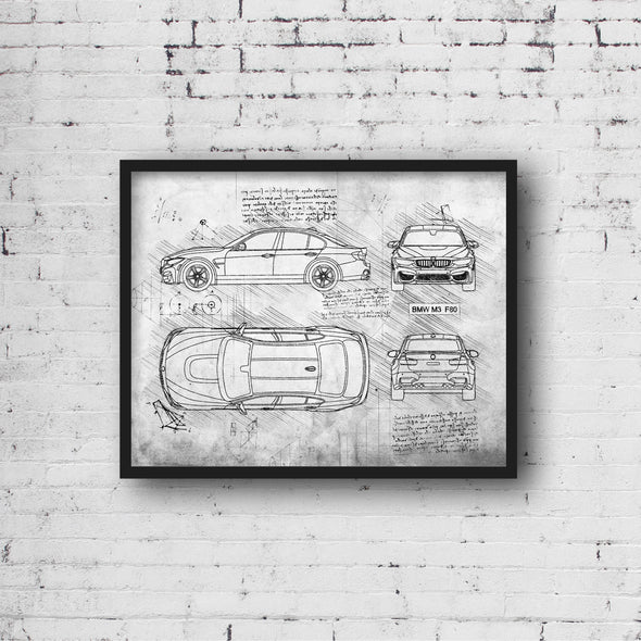 BMW M3 F80 (2014-18) da Vinci Sketch Art Print (#413)