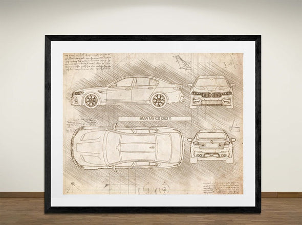 BMW M5 CS (2021) - Art Print - Sketch Style, Car Patent, Blueprint Poster, Blue Print,  (#3000)