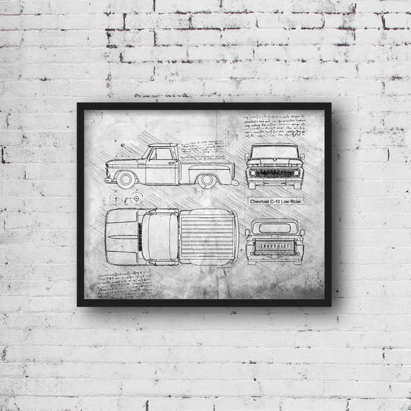 Chevrolet C-10 Low Rider Sketch Art Print - Sketch Style, Car Patent, Blueprint Poster, Blue Print, Chevy C-10 Truck Art (P816)