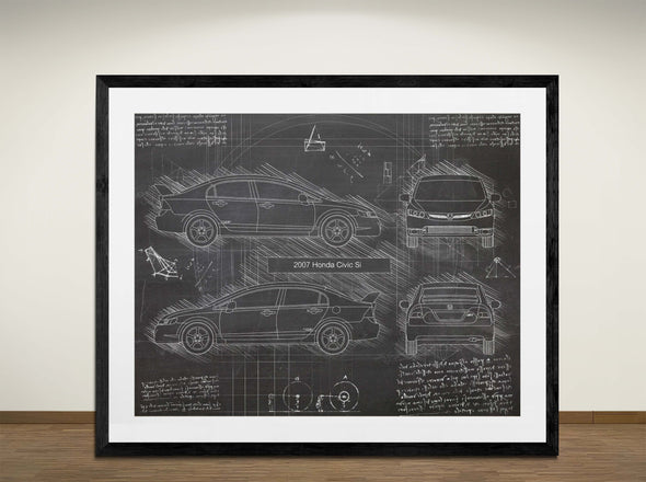 2007 Honda Civic Si  - Art Print - Sketch Style, Car Patent, Blueprint Poster, Blue Print, (#3107)