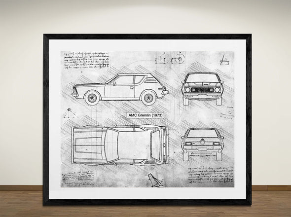 AMC Gremlin (1973) - Art Print - Sketch Style, Car Patent, Blueprint Poster, Blue Print, (#3092)