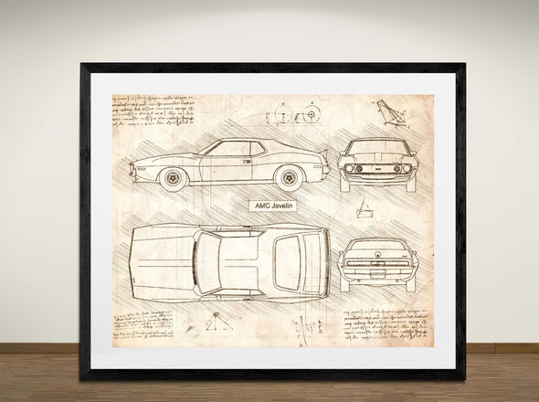 AMC Javelin - Art Print - Sketch Style, Car Patent, Blueprint Poster, Blue Print, (#3093)