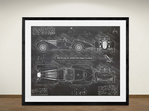 Alfa Romeo 8C 2900B Miglia Roadster - Art Print - Sketch Style, Car Patent, Blueprint Poster, Blue Print, (#3076)