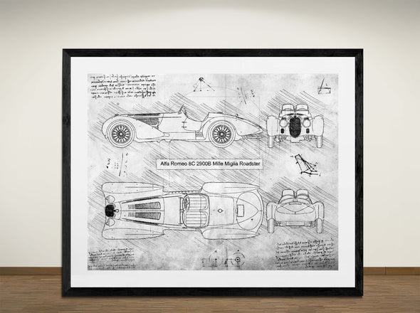 Alfa Romeo 8C 2900B Miglia Roadster - Art Print - Sketch Style, Car Patent, Blueprint Poster, Blue Print, (#3076)